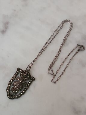 1920s Sterling Art Deco Marcasite Pendant Necklace